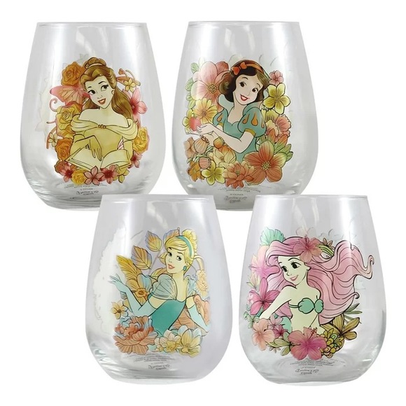 Disney Princess Floral Glass Tumbler Set NWT Snow White Cinderella Belle Ariel - Picture 5 of 12